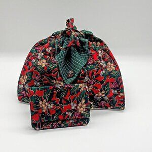 Handmade Holiday Cotton Holly Print Cinch Bag Set